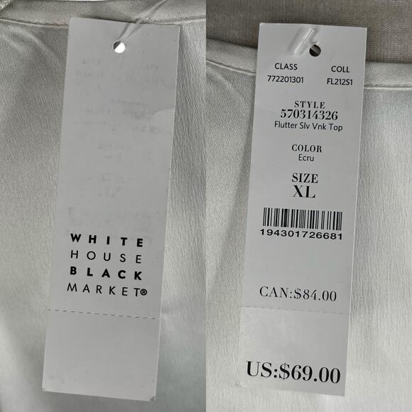White House Black Market Flutter Sleeve V-Neck Top Ecru XL Satin New - Picture 6 of 12